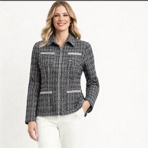 Cabi tweed black and white tweed collar zip jacket size 10